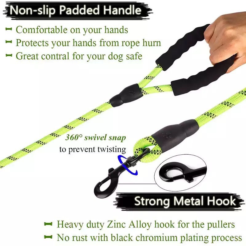 Reflective Nylon Dog Leash 1.5M Heavy Duty Padded Grip
