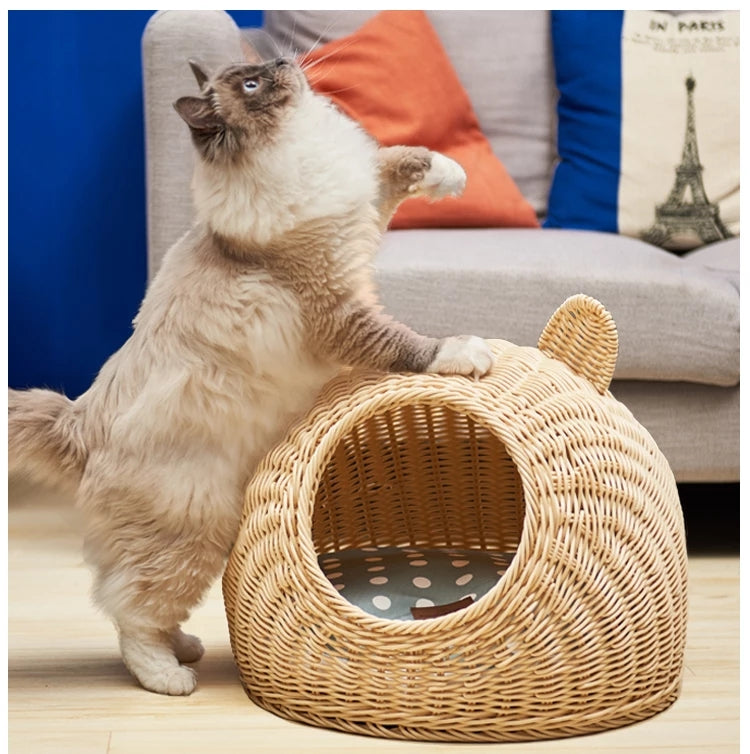 Cat Ear Rattan Fabric Pet Nest Bed S/M Cozy