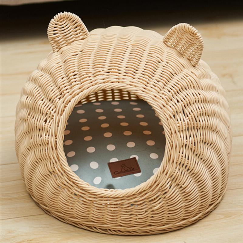 Cat Ear Rattan Fabric Pet Nest Bed S/M Cozy