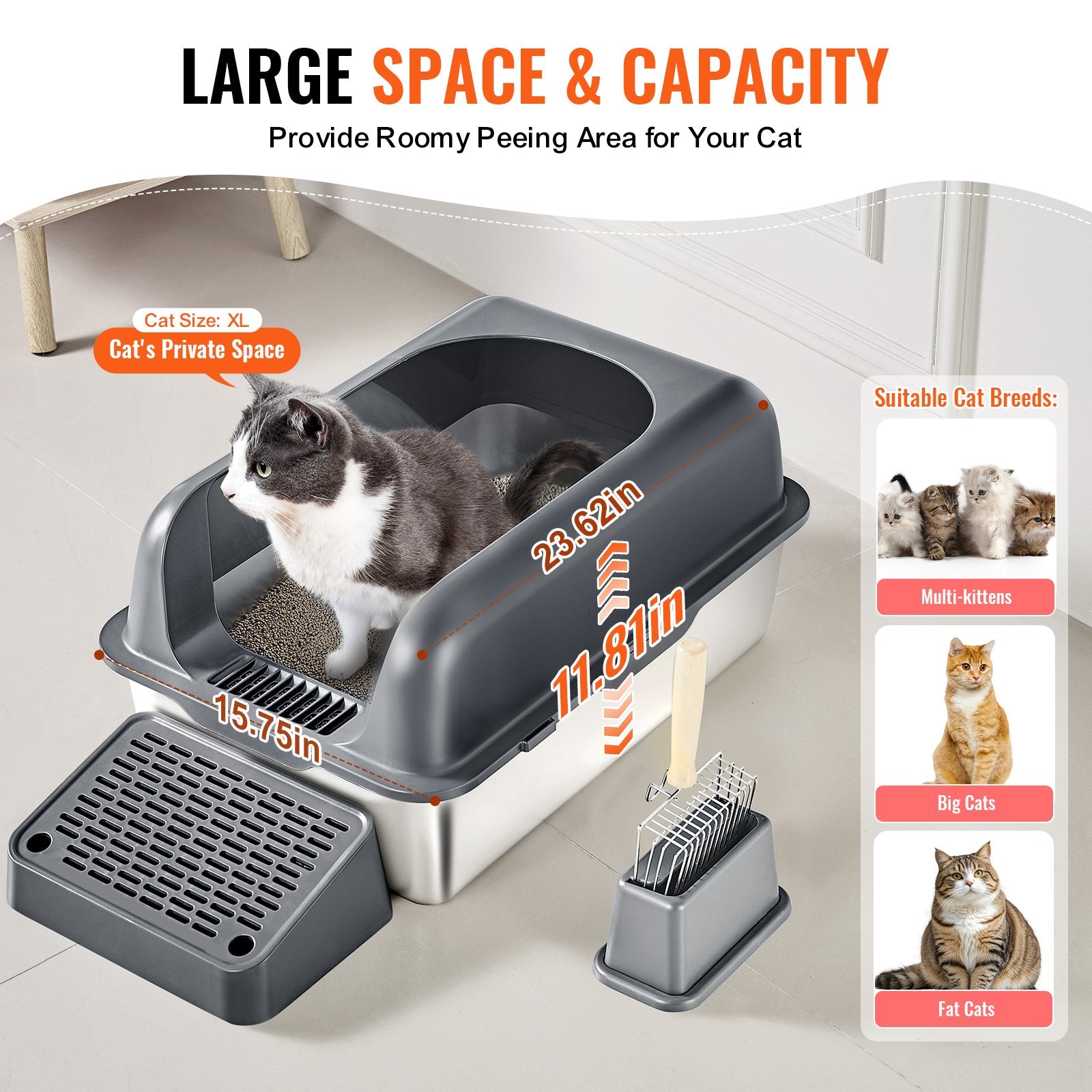 6-Inch Deep High-Side Cat Litter Box Anti-Splash Scoop