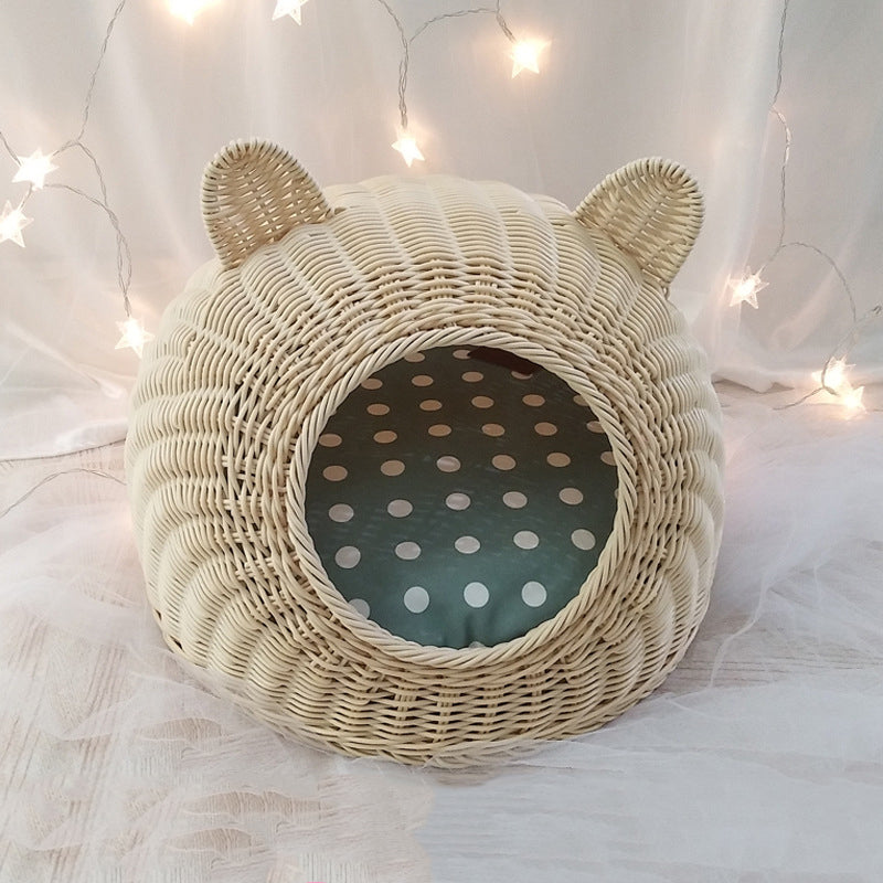 Cat Ear Rattan Fabric Pet Nest Bed S/M Cozy