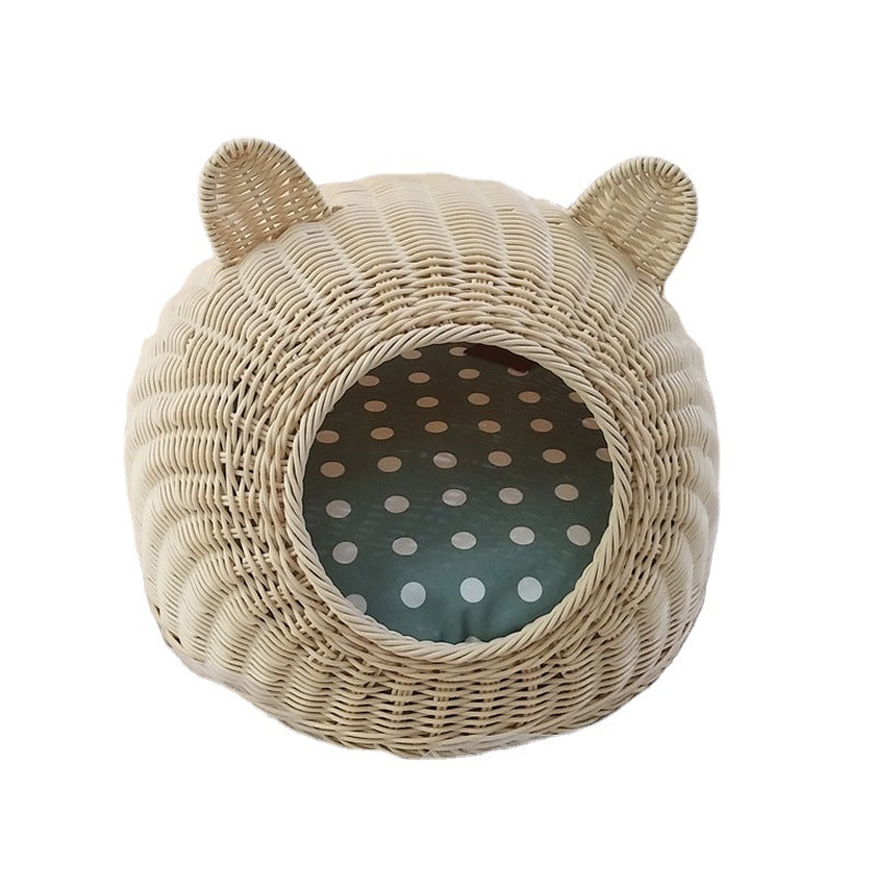 Cat Ear Rattan Fabric Pet Nest Bed S/M Cozy