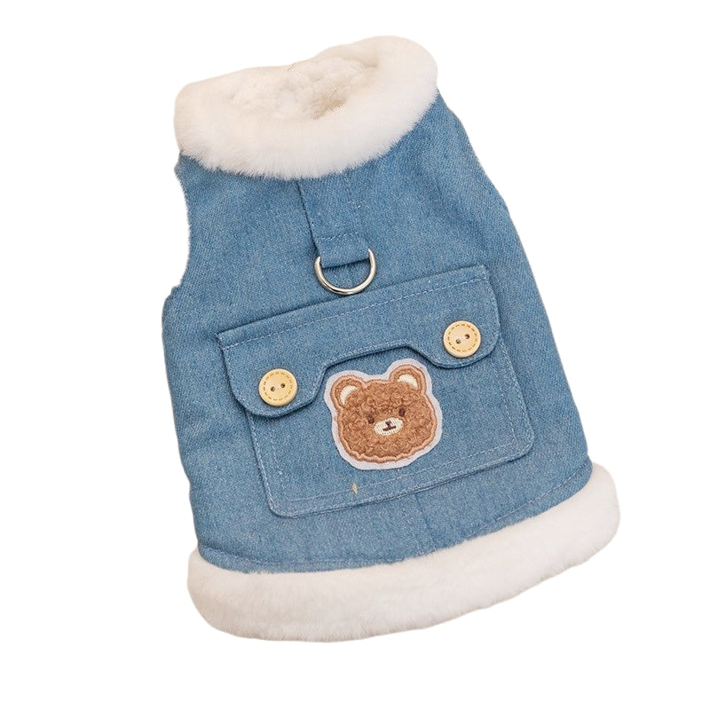 Winter Denim Dog Vest Teddy Patch Wool Lined Cozy