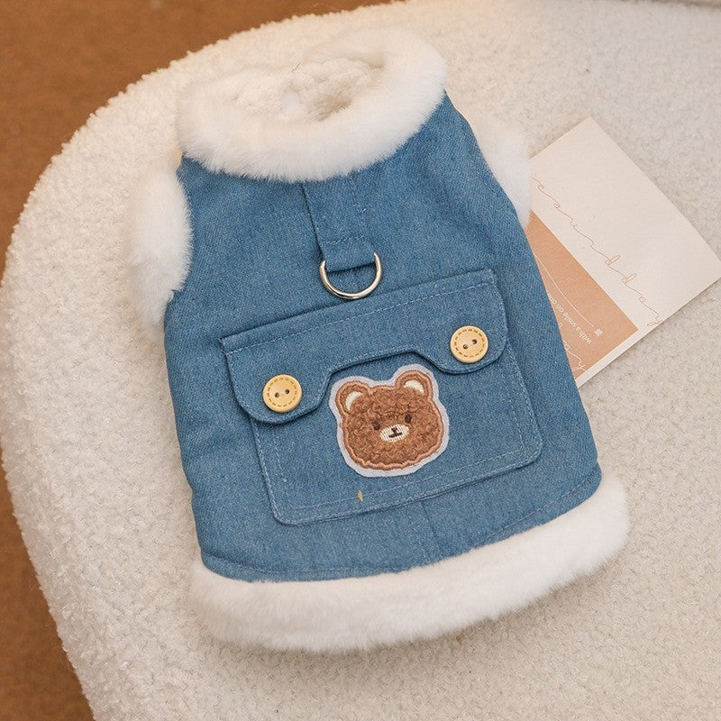 Winter Denim Dog Vest Teddy Patch Wool Lined Cozy