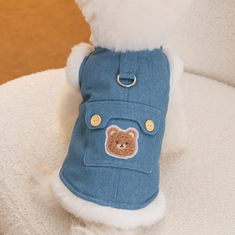 Winter Denim Dog Vest Teddy Patch Wool Lined Cozy